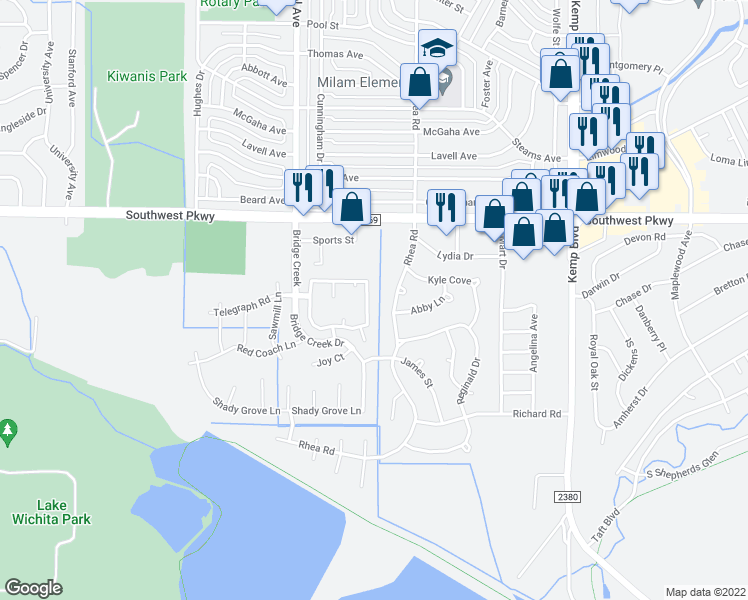 map of restaurants, bars, coffee shops, grocery stores, and more near 4154 Candlewood Circle in Wichita Falls