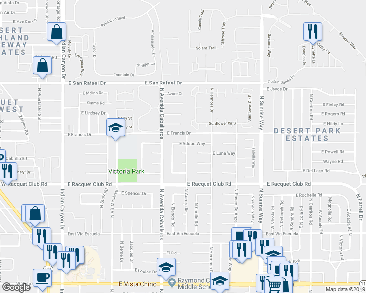 map of restaurants, bars, coffee shops, grocery stores, and more near 1187 East Adobe Way in Palm Springs