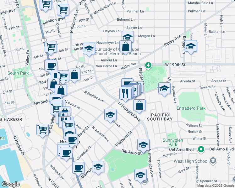 map of restaurants, bars, coffee shops, grocery stores, and more near 1216 Amethyst Street in Redondo Beach