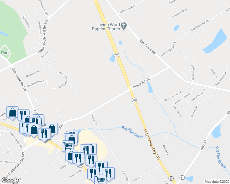 map of restaurants, bars, coffee shops, grocery stores, and more near 277 Brand Road Southwest in Loganville