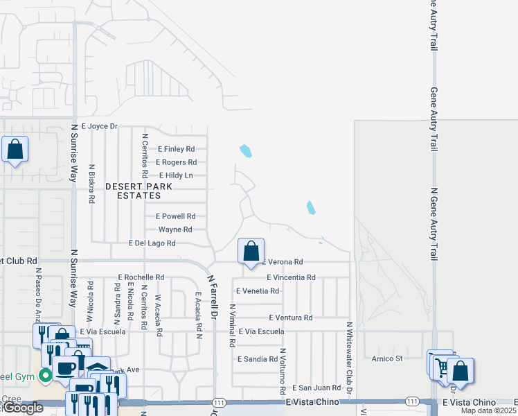 map of restaurants, bars, coffee shops, grocery stores, and more near 2602 North Whitewater Club Drive in Palm Springs