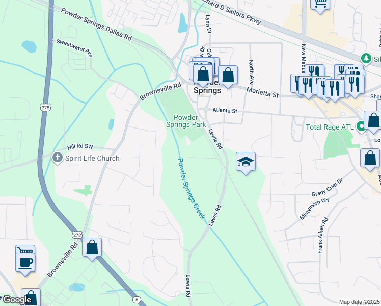 map of restaurants, bars, coffee shops, grocery stores, and more near 4492 Long Street in Powder Springs