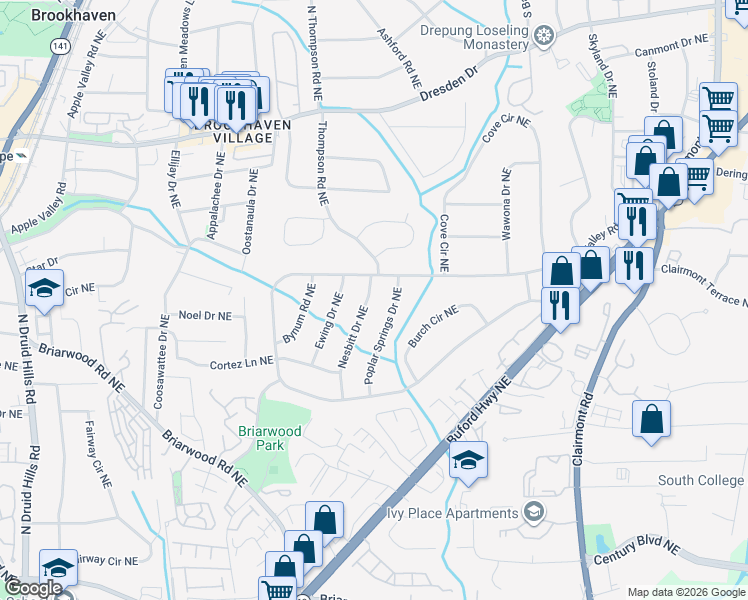 map of restaurants, bars, coffee shops, grocery stores, and more near 2389 Nesbitt Drive Northeast in Atlanta