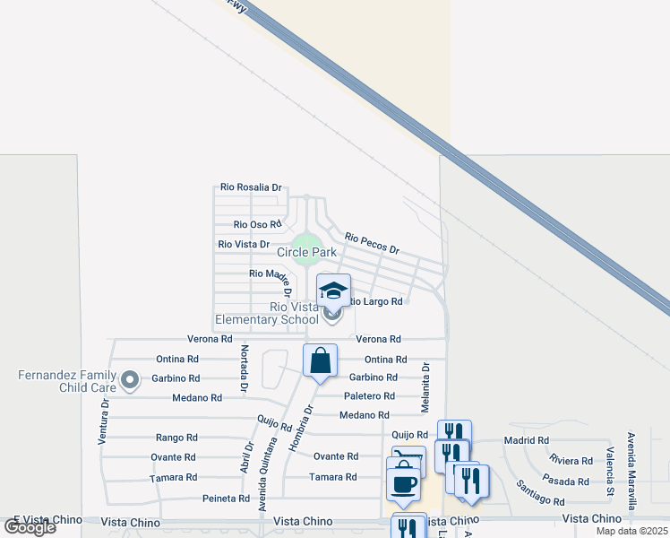 map of restaurants, bars, coffee shops, grocery stores, and more near 67701 Rio Vista Drive in Cathedral City