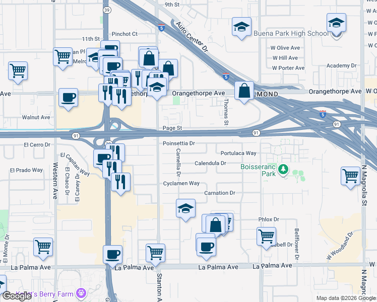map of restaurants, bars, coffee shops, grocery stores, and more near 8133 Canterbury Way in Buena Park