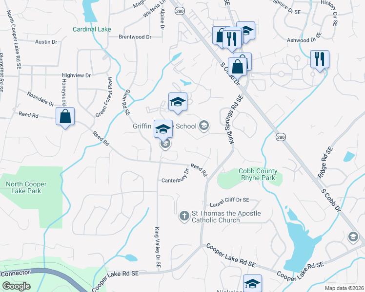 map of restaurants, bars, coffee shops, grocery stores, and more near 1825 Hidden Springs Walk in Smyrna