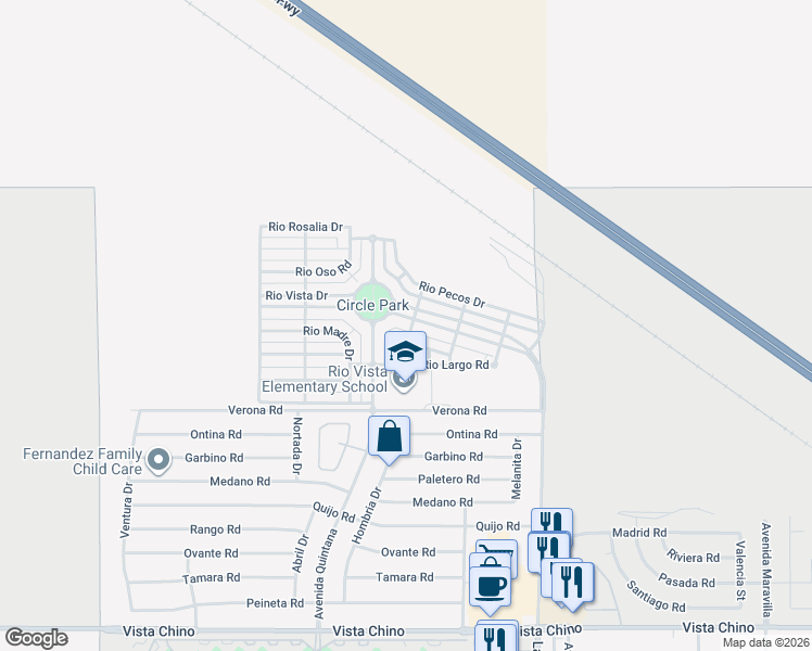 map of restaurants, bars, coffee shops, grocery stores, and more near 67701 Rio Vista Drive in Cathedral City