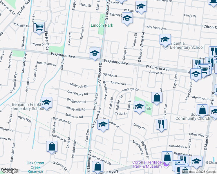 map of restaurants, bars, coffee shops, grocery stores, and more near 1059 Winthrop Drive in Corona