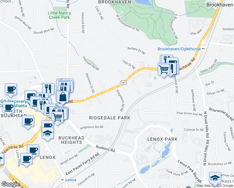 map of restaurants, bars, coffee shops, grocery stores, and more near 3674 Kingsboro Road Northeast in Atlanta