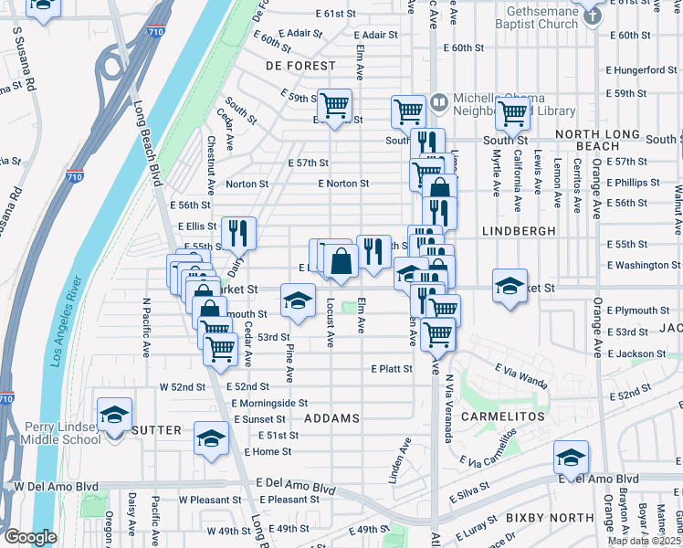 map of restaurants, bars, coffee shops, grocery stores, and more near 310 East Louise Street in Long Beach