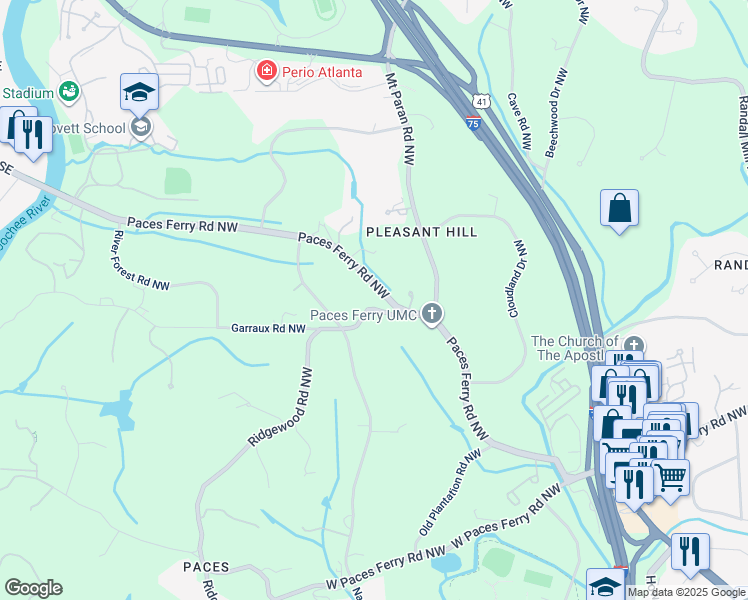 map of restaurants, bars, coffee shops, grocery stores, and more near 3670 Ridgewood Road Northwest in Atlanta
