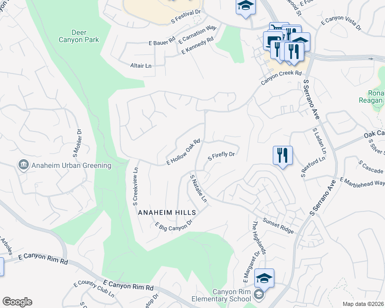 map of restaurants, bars, coffee shops, grocery stores, and more near 7638 East Hollow Oak Road in Anaheim