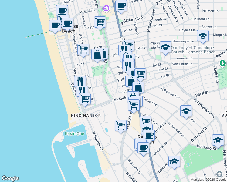 map of restaurants, bars, coffee shops, grocery stores, and more near in Hermosa Beach
