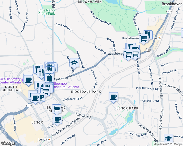 map of restaurants, bars, coffee shops, grocery stores, and more near 3674 Kingsboro Road Northeast in Atlanta