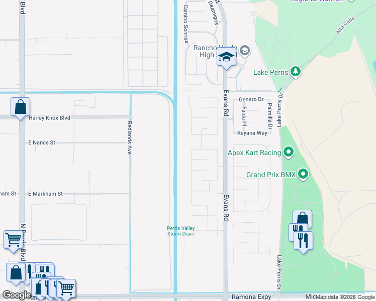 map of restaurants, bars, coffee shops, grocery stores, and more near E Oleander Ave in Perris