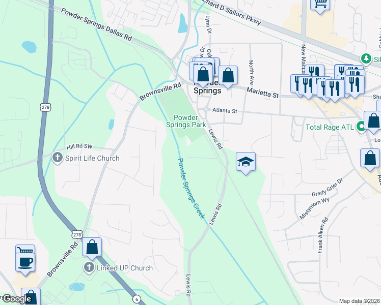 map of restaurants, bars, coffee shops, grocery stores, and more near 4516 Long Street in Powder Springs