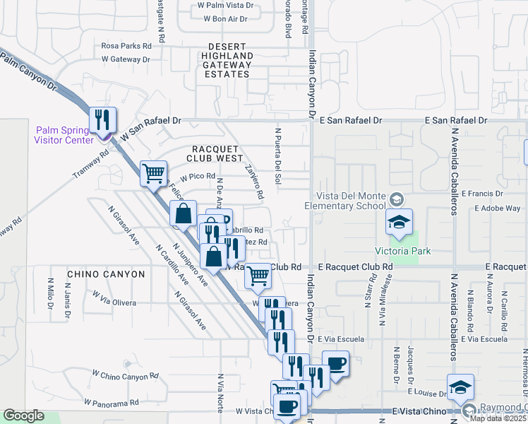 map of restaurants, bars, coffee shops, grocery stores, and more near 360 Cabrillo Road in Palm Springs