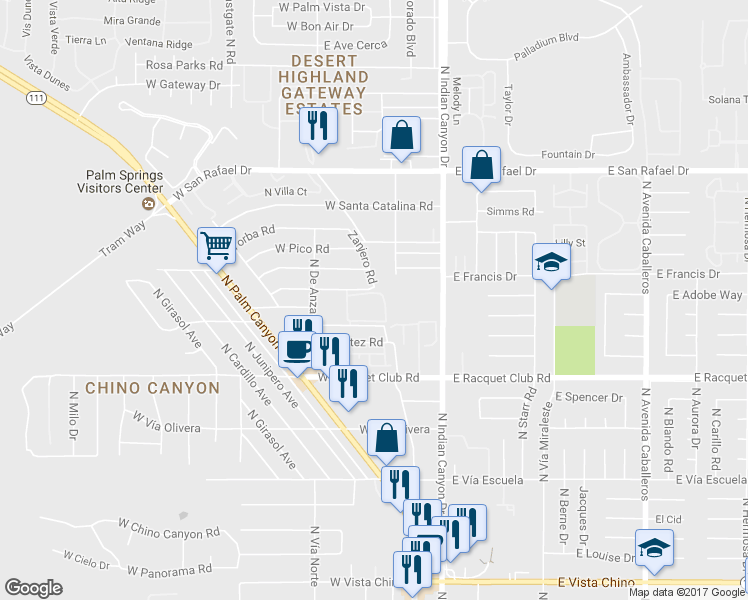 map of restaurants, bars, coffee shops, grocery stores, and more near 360 Cabrillo Road in Palm Springs