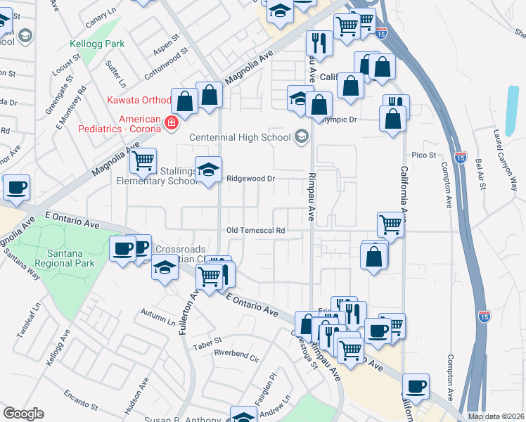 map of restaurants, bars, coffee shops, grocery stores, and more near 1974 Trevor Lane in Corona