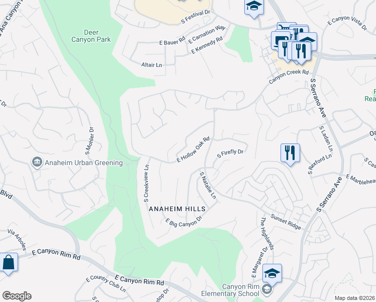 map of restaurants, bars, coffee shops, grocery stores, and more near 911 South Cottontail Lane in Anaheim