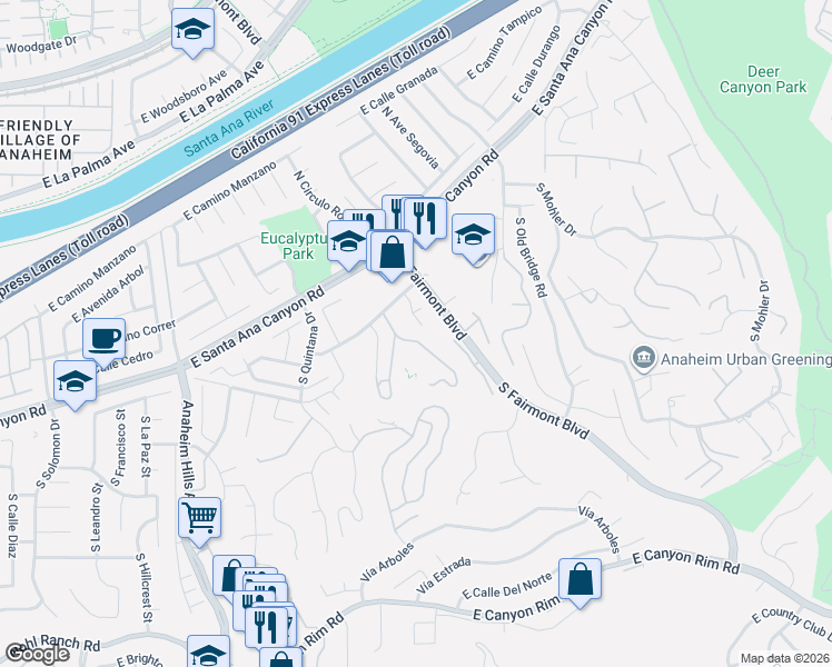 map of restaurants, bars, coffee shops, grocery stores, and more near 187 South Donna Court in Anaheim