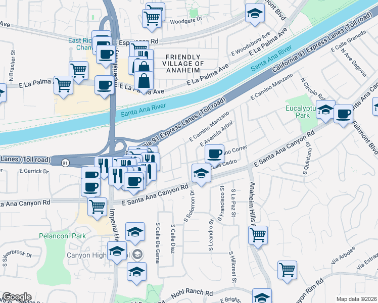 map of restaurants, bars, coffee shops, grocery stores, and more near 270 North Rose Blossom Lane in Anaheim