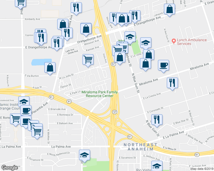 map of restaurants, bars, coffee shops, grocery stores, and more near 2670 Park Lane in Anaheim