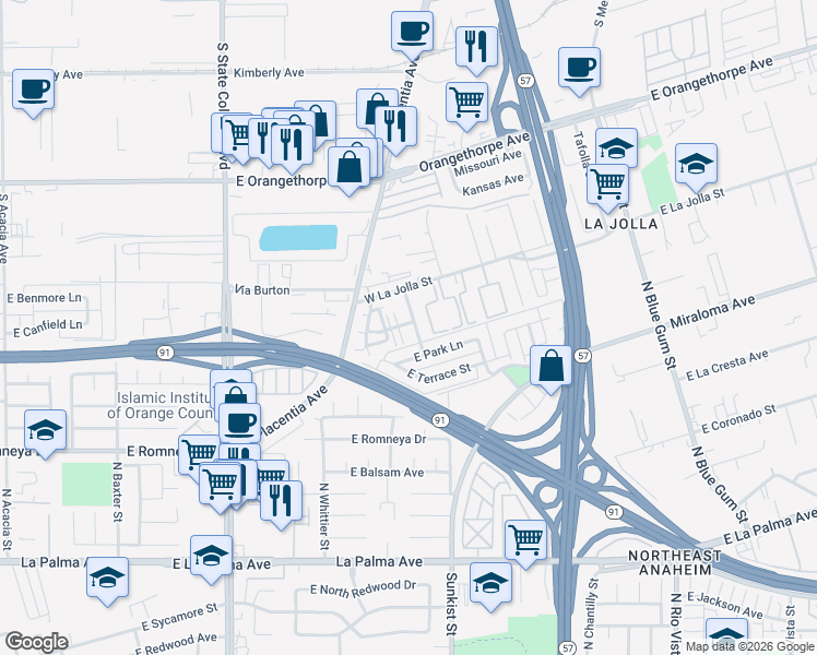 map of restaurants, bars, coffee shops, grocery stores, and more near 906 Easton Street in Placentia