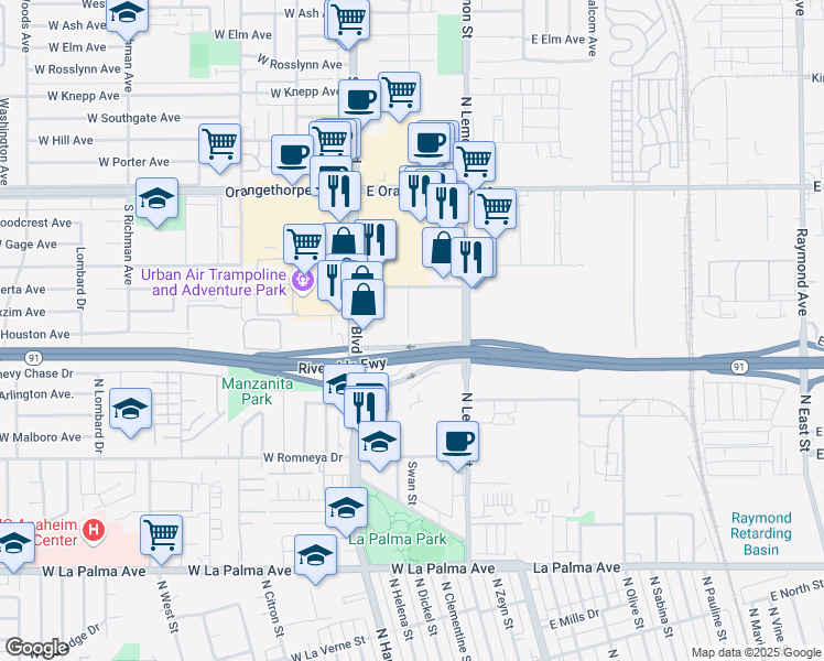 map of restaurants, bars, coffee shops, grocery stores, and more near 1611 South Pomona Avenue in Fullerton