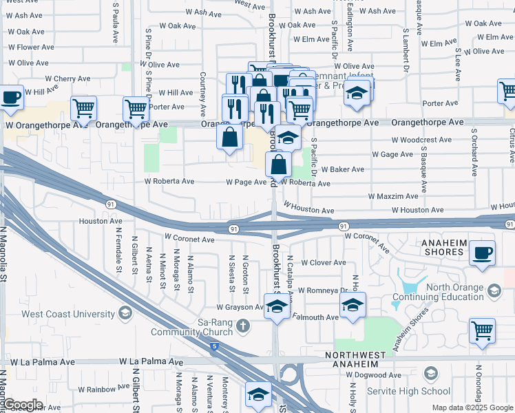 map of restaurants, bars, coffee shops, grocery stores, and more near 1810 West Houston Avenue in Fullerton