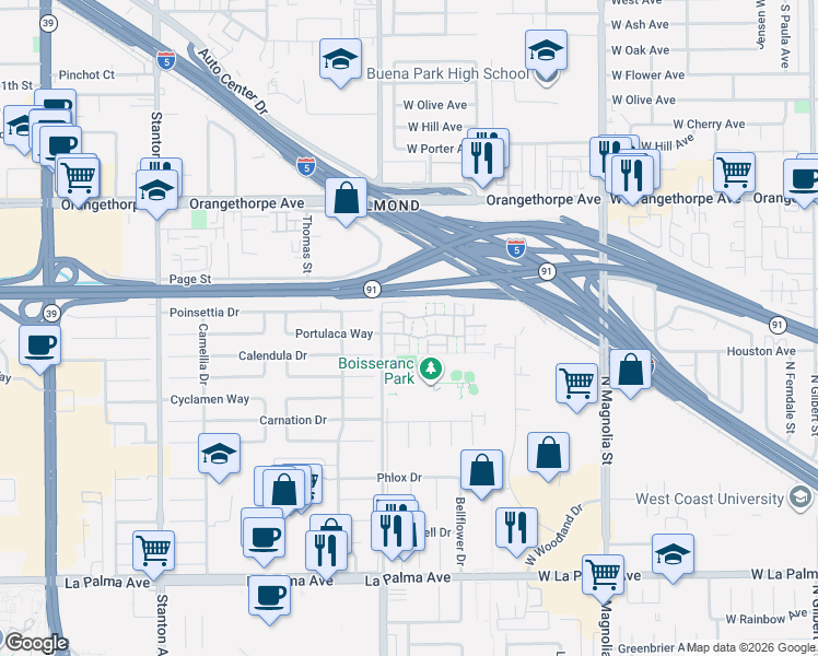 map of restaurants, bars, coffee shops, grocery stores, and more near 1421 North Greenhaven Lane in Anaheim