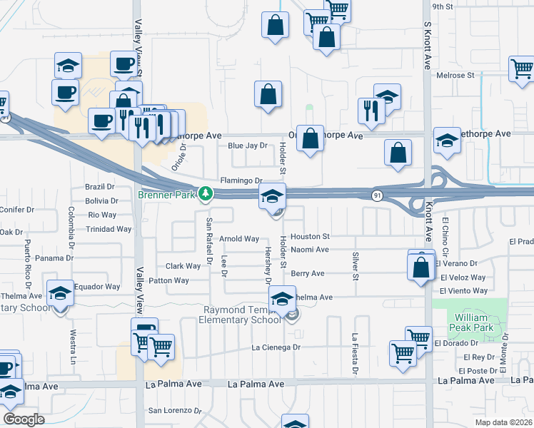 map of restaurants, bars, coffee shops, grocery stores, and more near 7351 Holder Street in Buena Park
