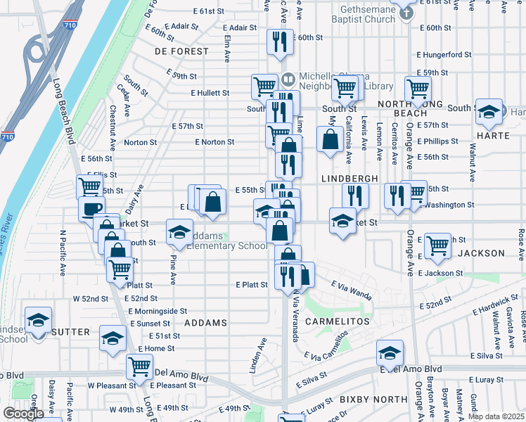 map of restaurants, bars, coffee shops, grocery stores, and more near 484 East Louise Street in Long Beach