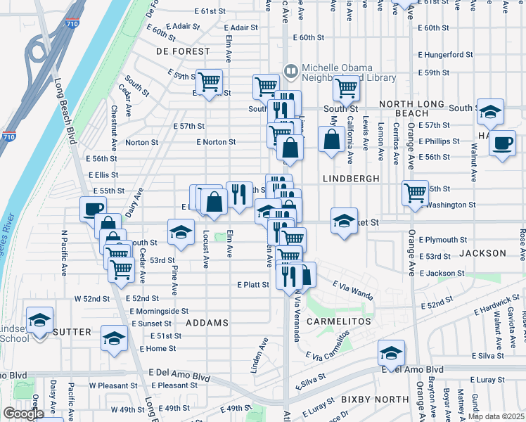 map of restaurants, bars, coffee shops, grocery stores, and more near 488 East Louise Street in Long Beach