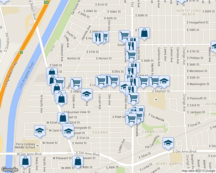 map of restaurants, bars, coffee shops, grocery stores, and more near 416 East Louise Street in Long Beach