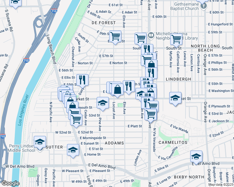 map of restaurants, bars, coffee shops, grocery stores, and more near 310 East Louise Street in Long Beach