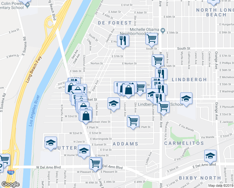 map of restaurants, bars, coffee shops, grocery stores, and more near 232 East Louise Street in Long Beach