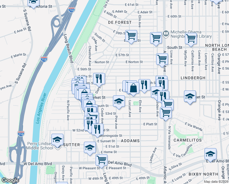 map of restaurants, bars, coffee shops, grocery stores, and more near 152 East Louise Street in Long Beach