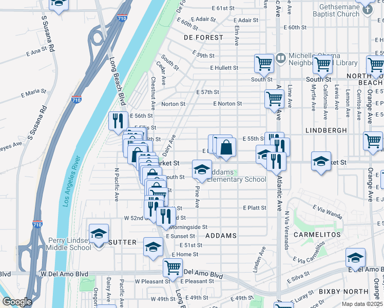 map of restaurants, bars, coffee shops, grocery stores, and more near 152 East Louise Street in Long Beach