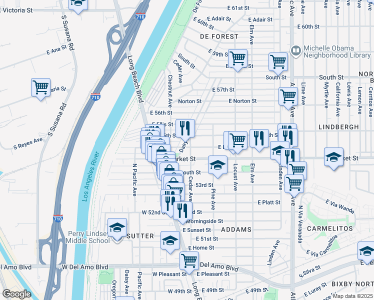 map of restaurants, bars, coffee shops, grocery stores, and more near 92 East Louise Street in Long Beach