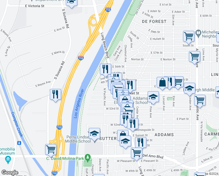 map of restaurants, bars, coffee shops, grocery stores, and more near 60 West Louise Street in Long Beach