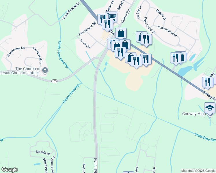 map of restaurants, bars, coffee shops, grocery stores, and more near 301 El Bethel Road in Conway