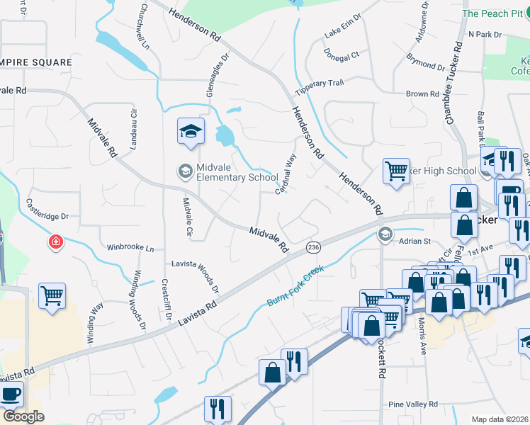 map of restaurants, bars, coffee shops, grocery stores, and more near 4704 Lavista Road in Tucker