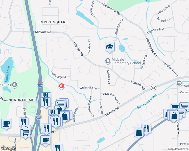 map of restaurants, bars, coffee shops, grocery stores, and more near 3699 Norwich Drive in Tucker