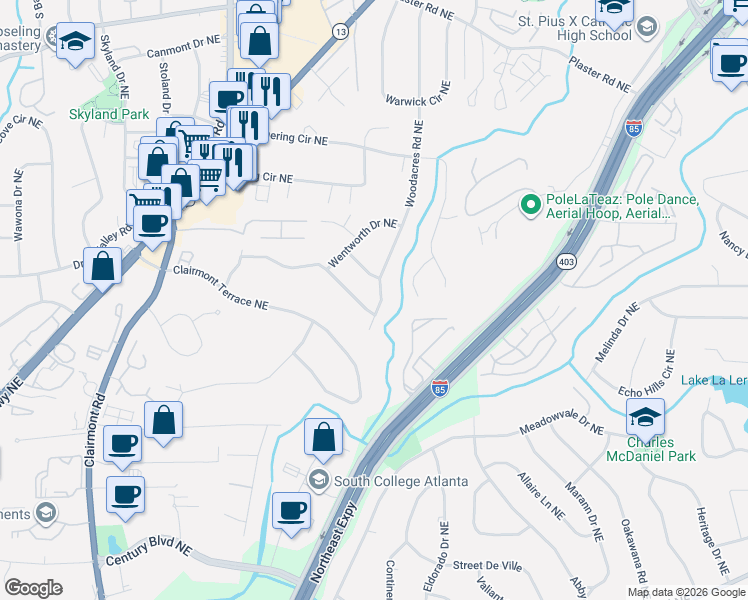 map of restaurants, bars, coffee shops, grocery stores, and more near 2382 Woodacres Road Northeast in Atlanta