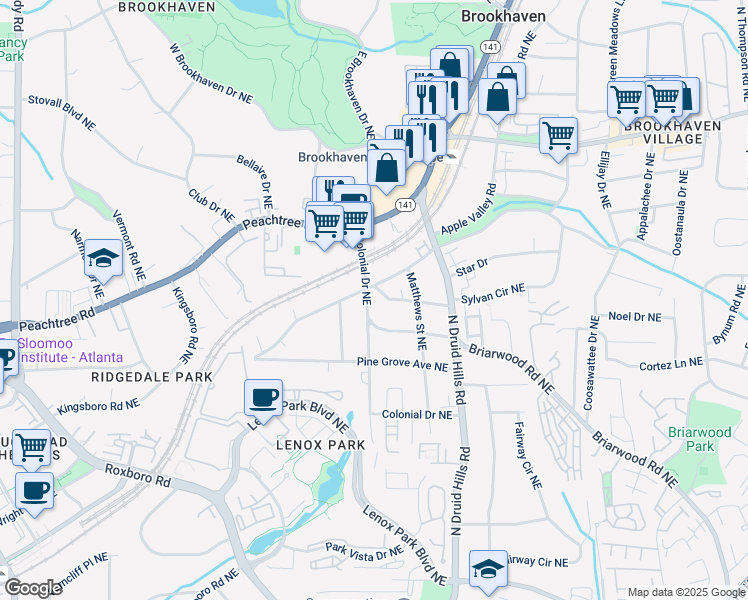 map of restaurants, bars, coffee shops, grocery stores, and more near 2383 Colonial Drive Northeast in Atlanta