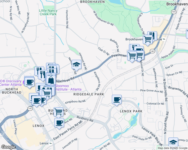 map of restaurants, bars, coffee shops, grocery stores, and more near 3674 Kingsboro Road Northeast in Atlanta