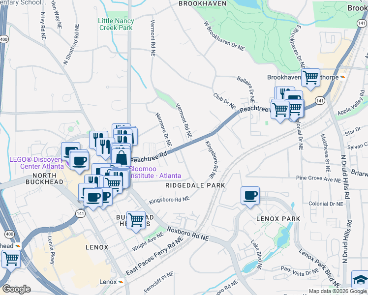 map of restaurants, bars, coffee shops, grocery stores, and more near 3707 Peachtree Road Northeast in Atlanta