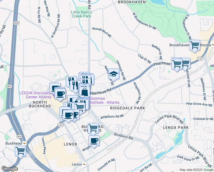 map of restaurants, bars, coffee shops, grocery stores, and more near 3669 Manor Brook Court North East in Atlanta