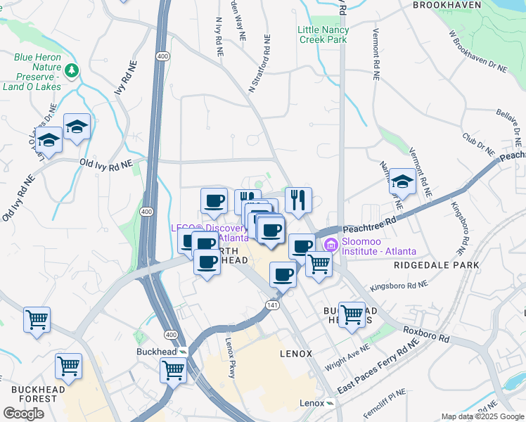 map of restaurants, bars, coffee shops, grocery stores, and more near 1000 Park Avenue Northeast in Atlanta
